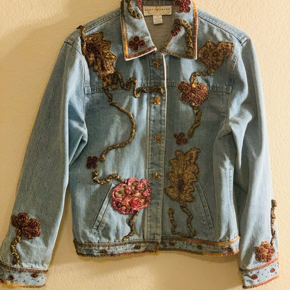 MARY FRANCES Denim EMBELLISHED JACKET Beads-Satin Stones SMALL JUST REDUCED